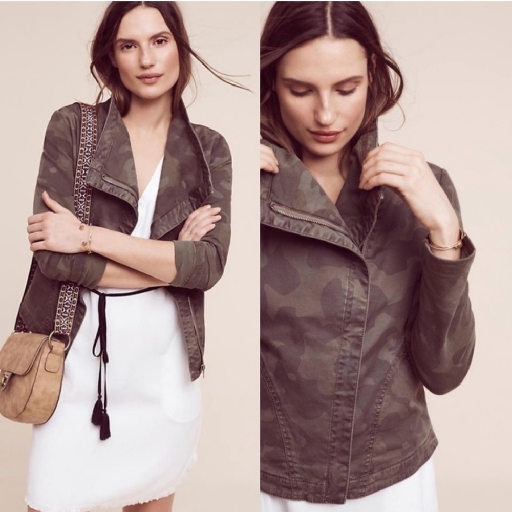 [L] Anthropologie Marrakesh Camo Moto Jacket coat camouflage denim